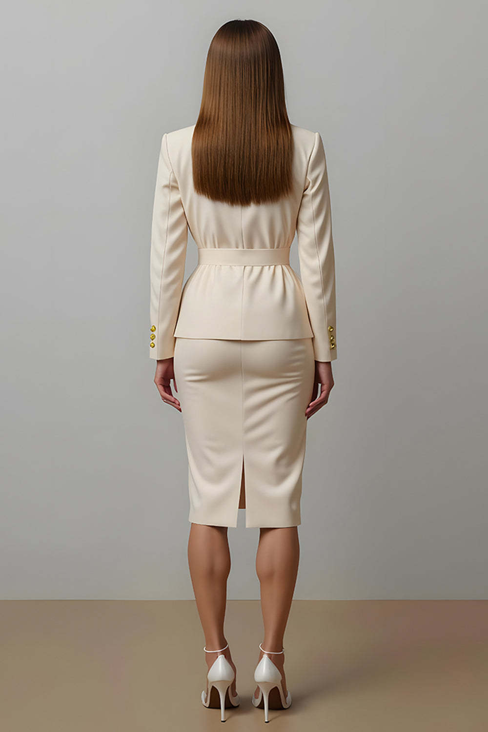 Ivory Pencil Notched Lapel 2 Piece Midi Business Suits with Slit