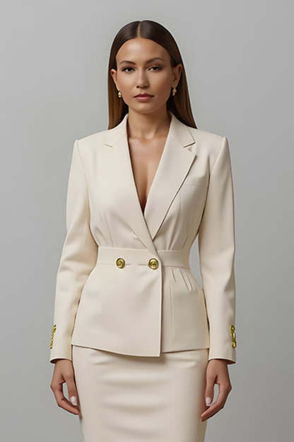 Ivory Pencil Notched Lapel 2 Piece Midi Business Suits with Slit