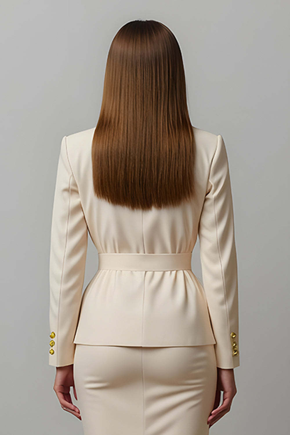 Ivory Pencil Notched Lapel 2 Piece Midi Business Suits with Slit