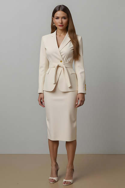 Leely Women Ivory 2 Piece Midi Business Suits with Sash Notched Lapel Pencil Work Suits with Buttons