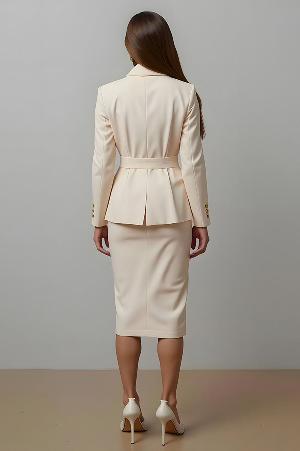 Ivory Notched Lapel Pencil 2 Piece Midi Business Suits with Sash
