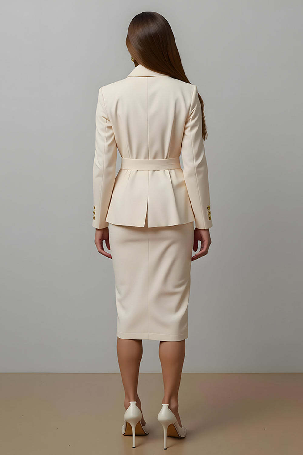 Ivory Notched Lapel Pencil 2 Piece Midi Business Suits with Sash