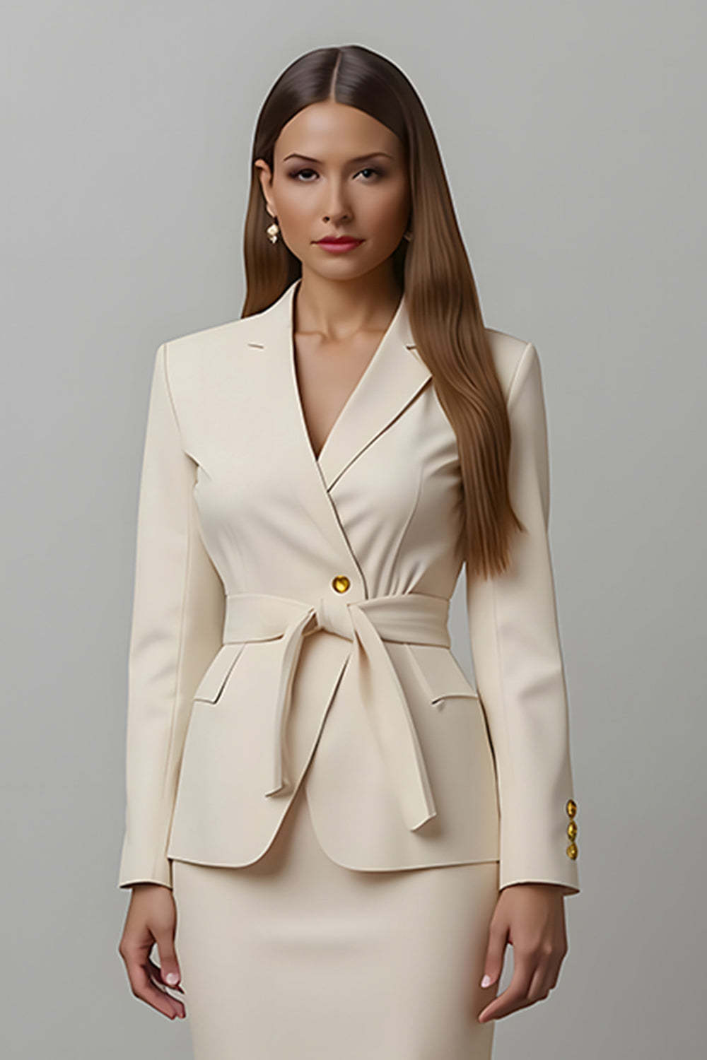 Ivory Notched Lapel Pencil 2 Piece Midi Business Suits with Sash