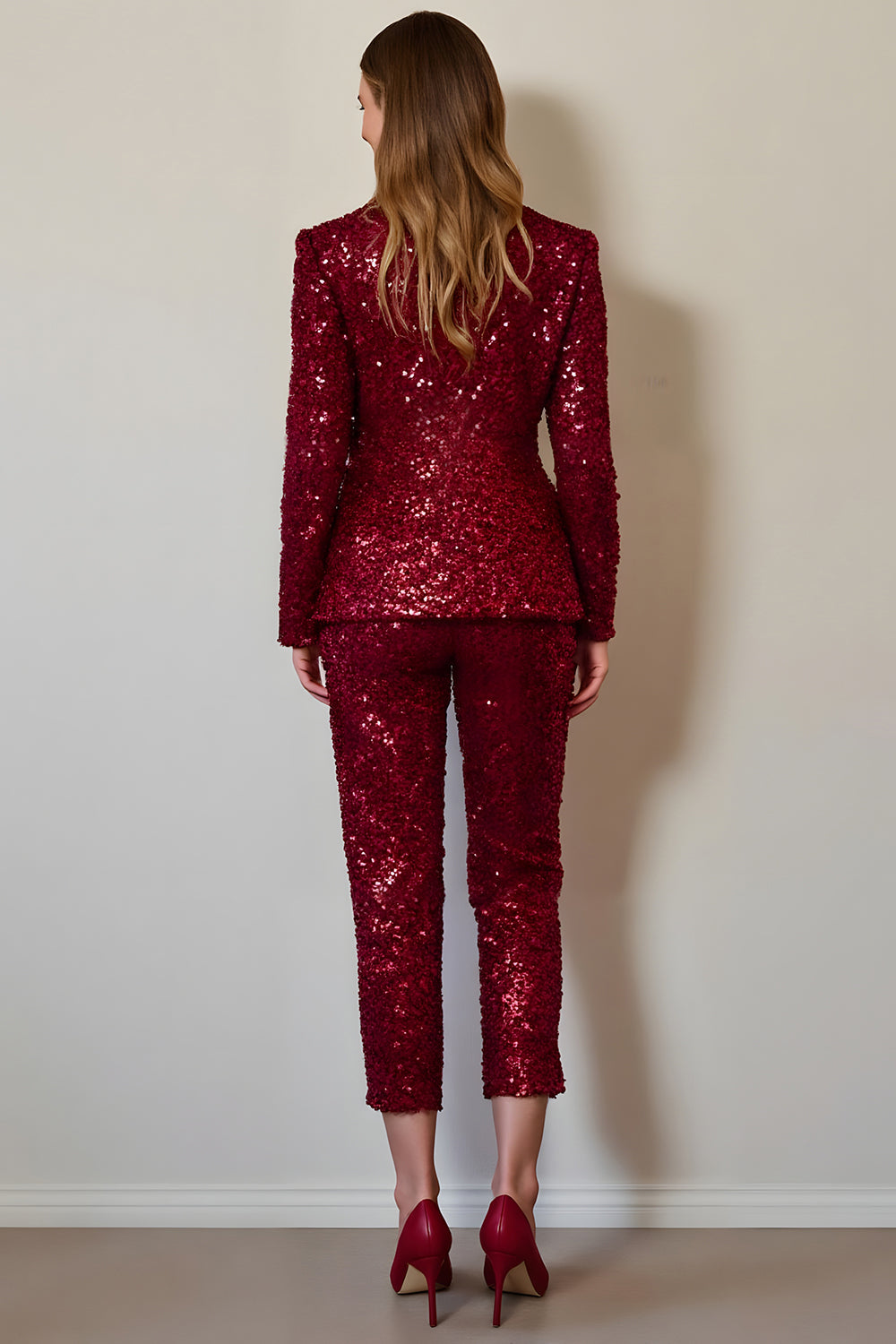 Sparkly 2 Piece Burgundy Sequins Women Prom Suits