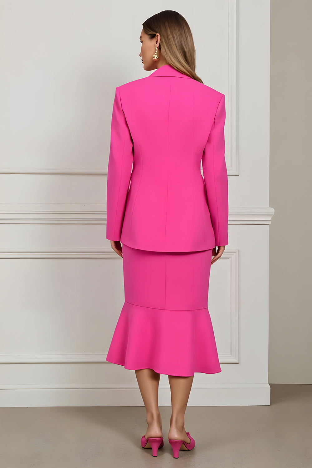 Fuchsia 2 Piece Peak Lapel Mermaid Midi Women Prom Suits with Ruffles