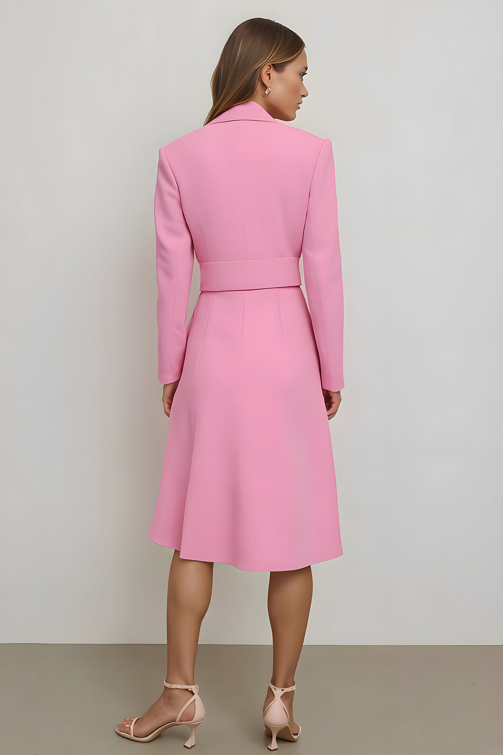 Pink Pencil Midi Notched Lapel Blazer Dress with Belt