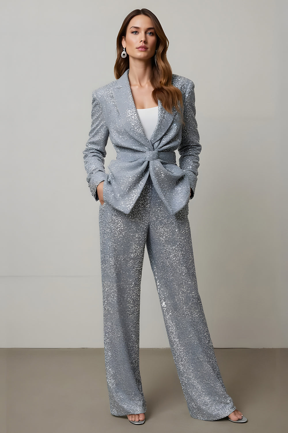 Sparkly Sequins Grey 2 Piece Women Prom Suits with Pockets