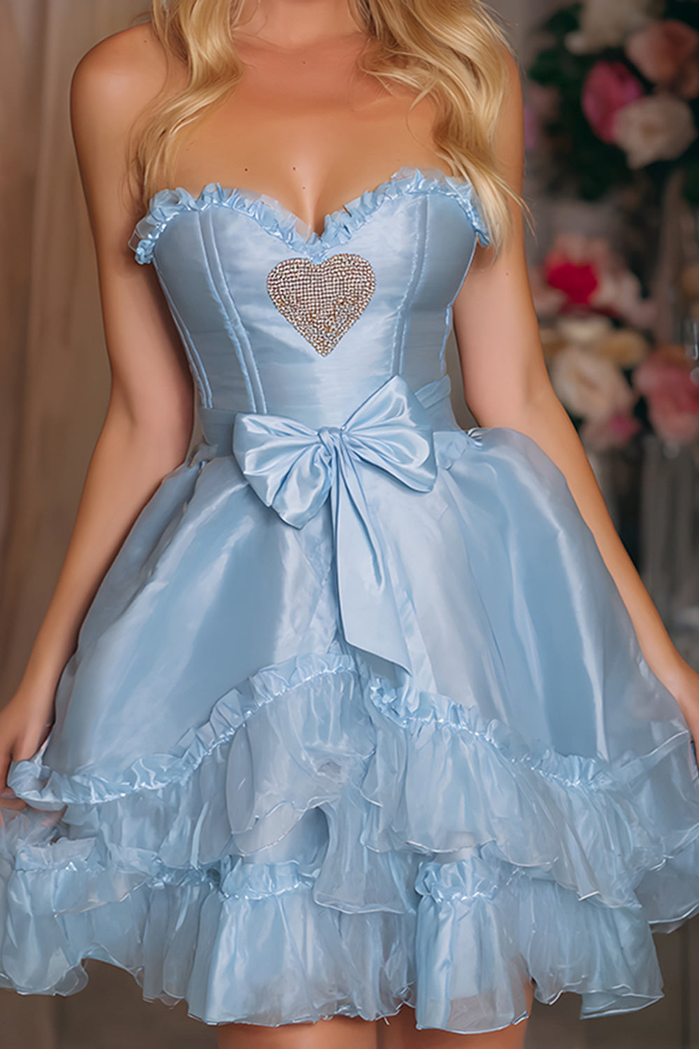 Blue Satin Tiered A-Line Short Corset Homecoming Dress