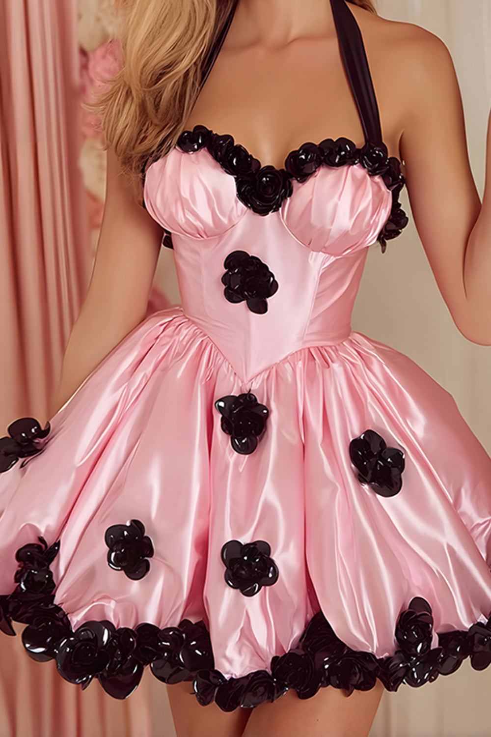 Pink Satin Corset Halter A-Line Short Homecoming Dress with 3D Flowers