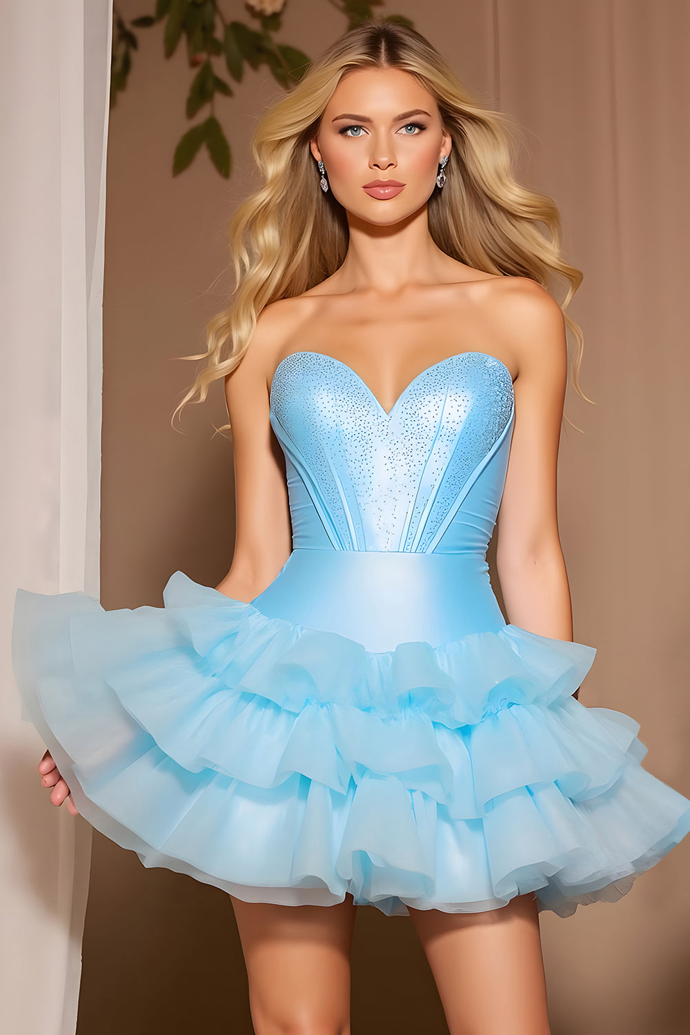 Leely Women Blue Corset Short Homecoming Dress with Beading Tiered Sweetheart A Line Ruffled Cocktail Dress