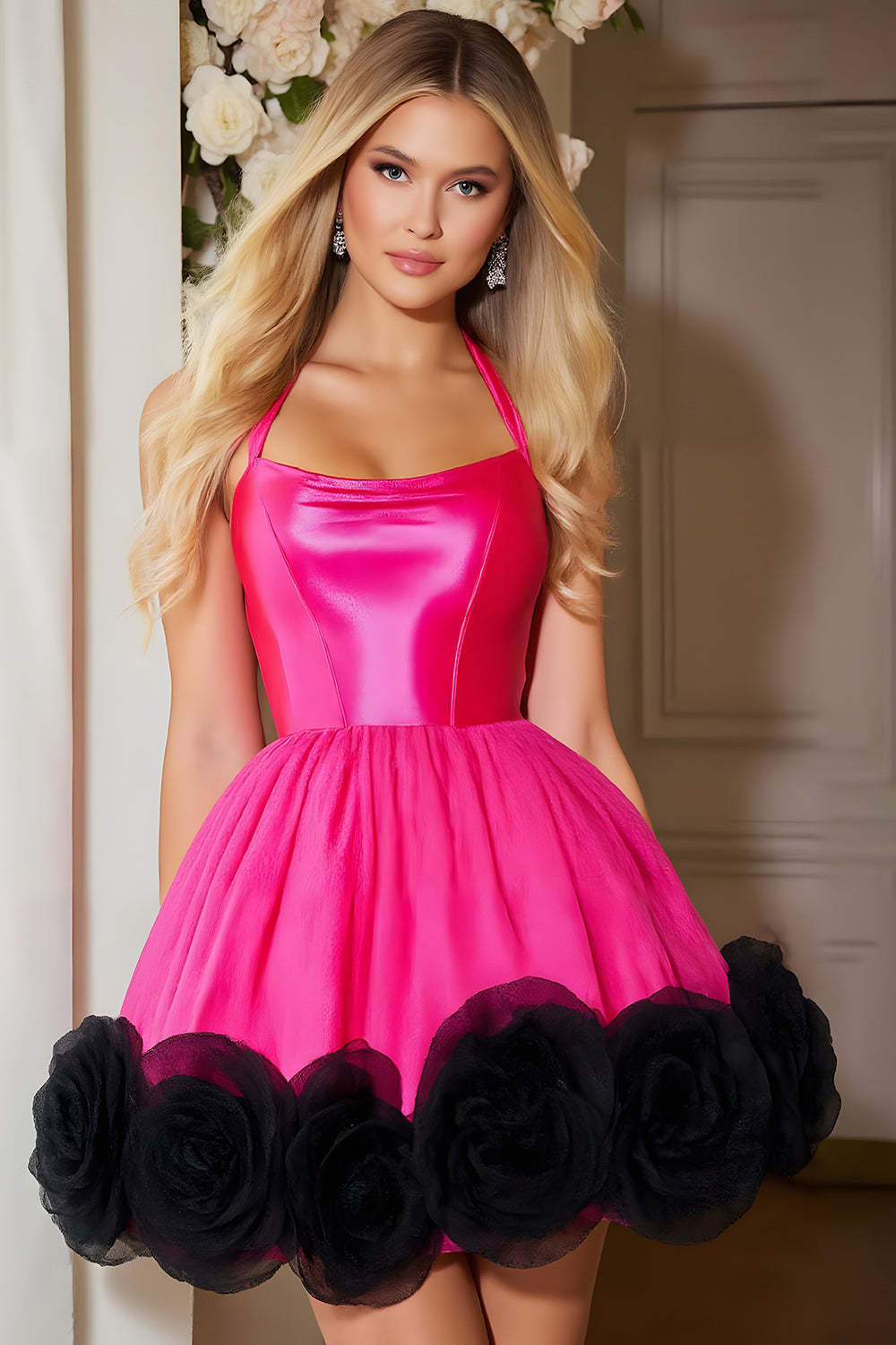 Leely Women Fuchsia Corset Short Homecoming Dress Halter A Line Cocktail Dress with 3D Flowers