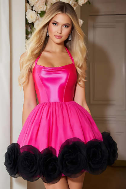 Leely Women Fuchsia Corset Short Homecoming Dress Halter A Line Cocktail Dress with 3D Flowers