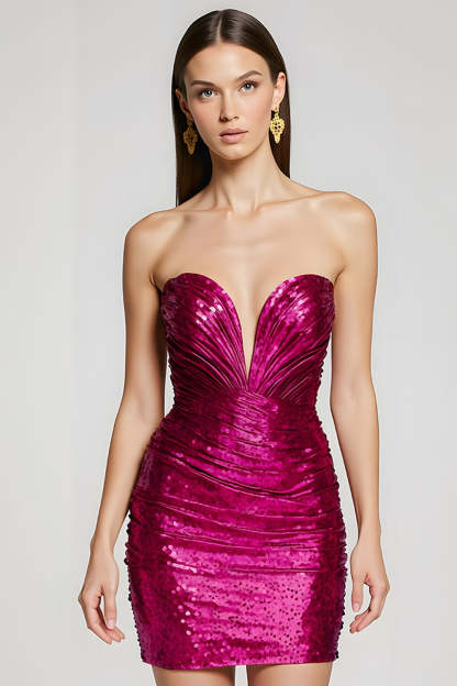 Leely Women Sparkly Fuchsia Short Homecoming Dress with Sequins Bodycon Strapless Metallic Cocktail Dress