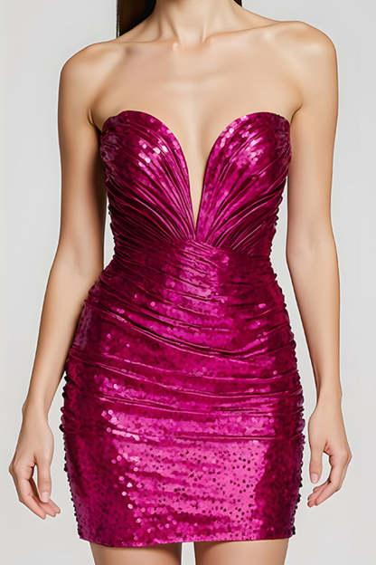 Sparkly Fuchsia Short Strapless Homecoming Dress with Sequins