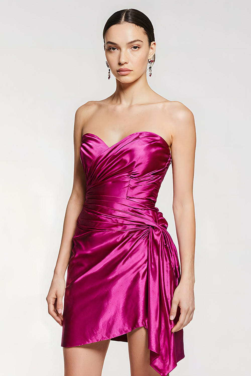 Leely Women Fuchsia Short Tight Homecoming Dress Sweetheart Ruched Cocktail Dress with Side Cape
