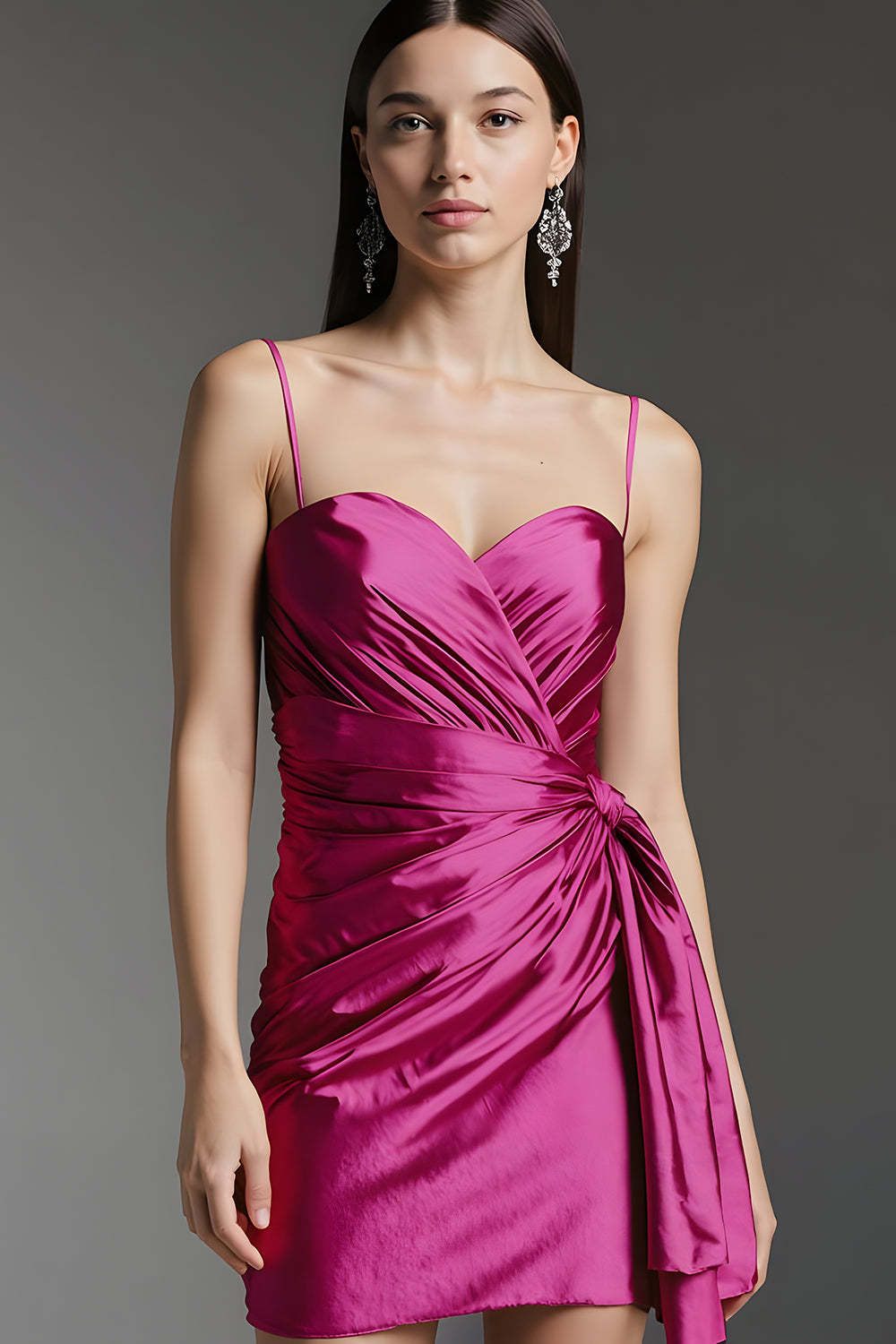 Leely Women Fuchsia Tight Satin Short Homecoming Dress Spaghetti Straps Ruched Cocktail Dress with Side Cape