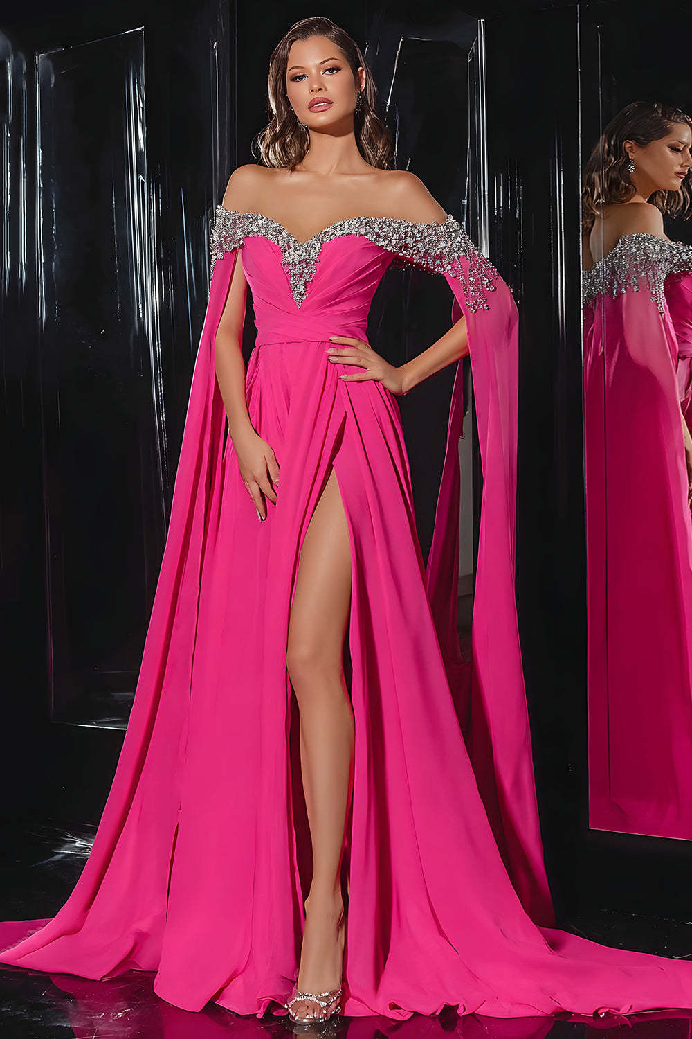Leely Women Sparkly Chiffon Fuchsia Maxi Prom Dress with Slit Off the Shoulder A Line Beaded Pageant Dress with Cape