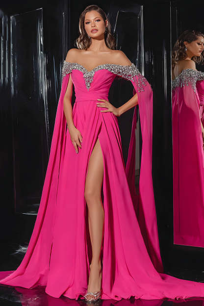 Leely Women Sparkly Chiffon Fuchsia Maxi Prom Dress with Slit Off the Shoulder A Line Beaded Pageant Dress with Cape