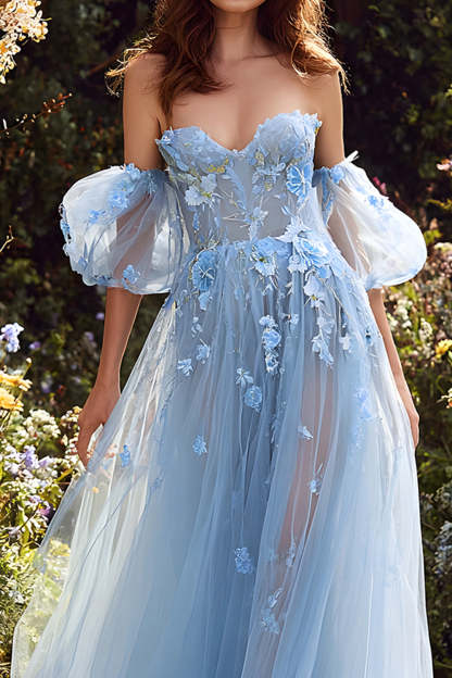 Light Blue A Line Off the Shoulder Floral Long Prom Dress