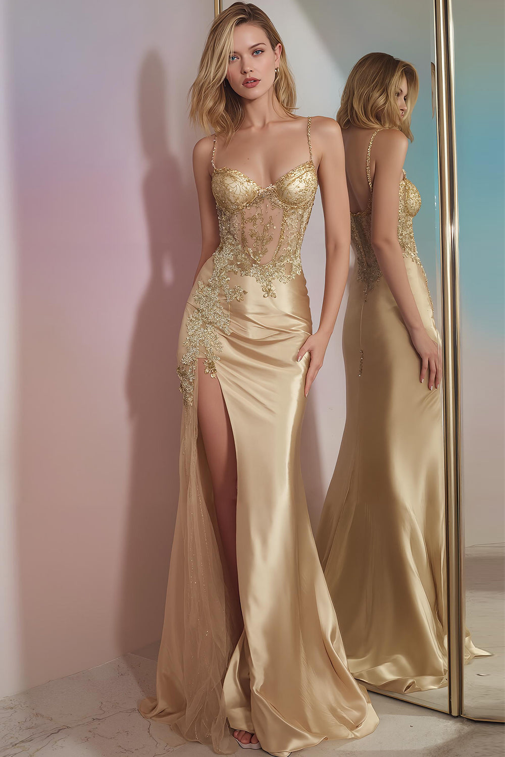 Sparkly Corset Golden Mermaid Long Prom Dress with Slit