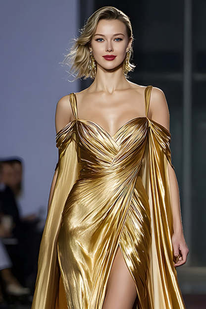Golden Metallic Cold Shoulder Long Gala Dress with Slit