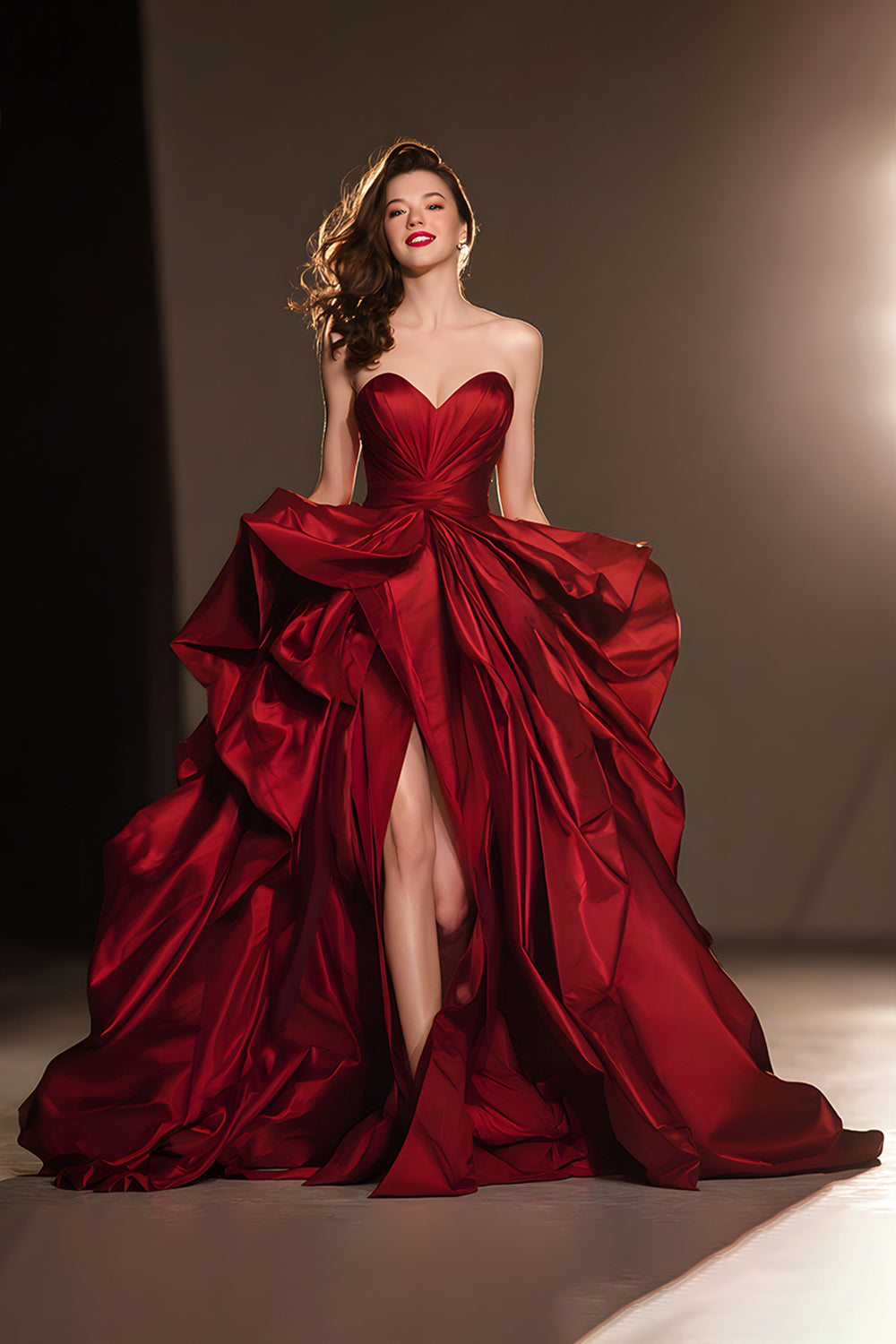 Dark Red Ball Gown Sweetheart Ruffled Long Pageant Dress with Slit