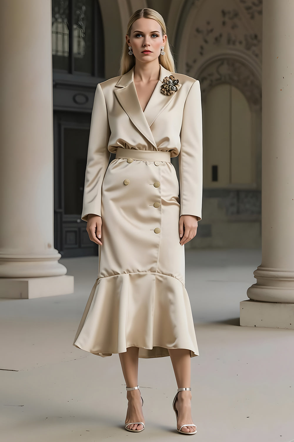Leely Women Champagne Satin Midi Work Dress with 3D Flower Mermaid Notched Lapel Business Dress with Sleeves