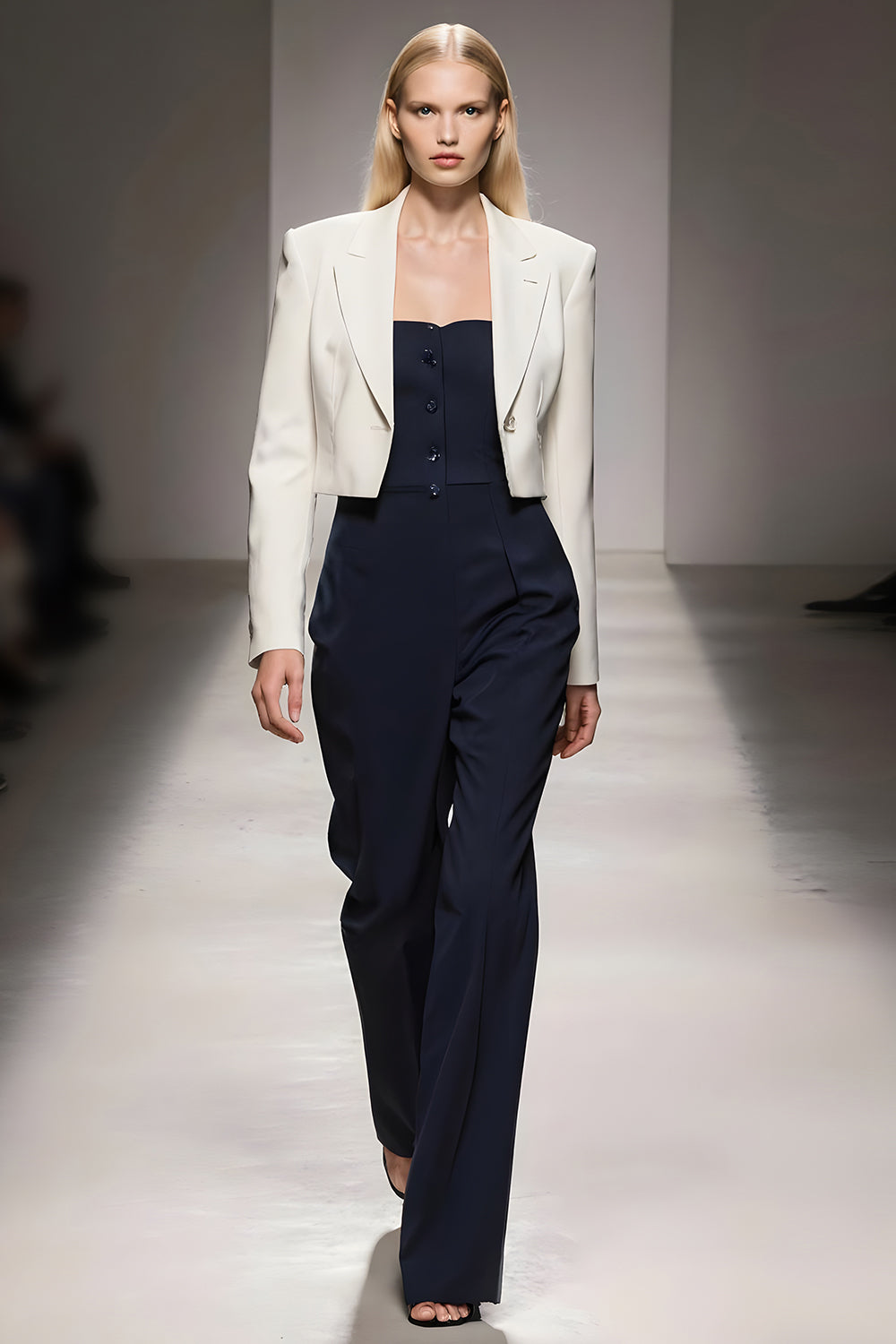 Leely Women Ivory Navy 3 Piece Satin Business Suits Notched Lapel Single Breasted Pantsuits with Sleeves