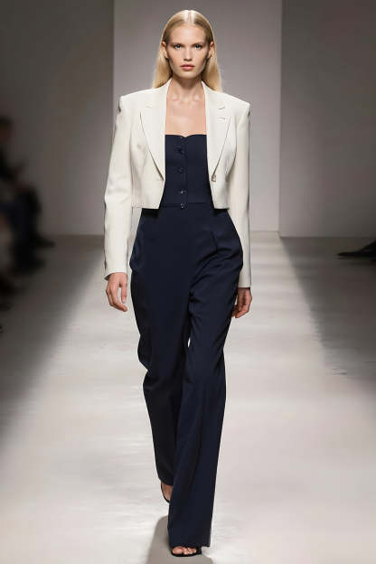 Leely Women Ivory Navy 3 Piece Satin Business Suits Notched Lapel Single Breasted Pantsuits with Sleeves