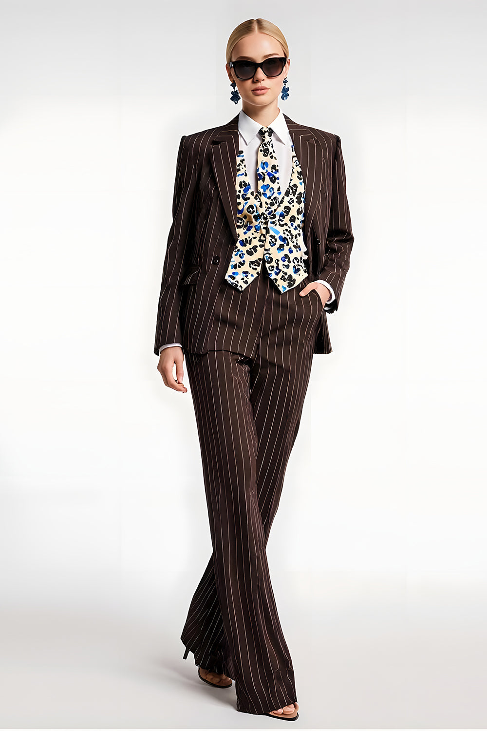 Coffee Striped Notched Lapel 2 Piece Business Suits with Pockets