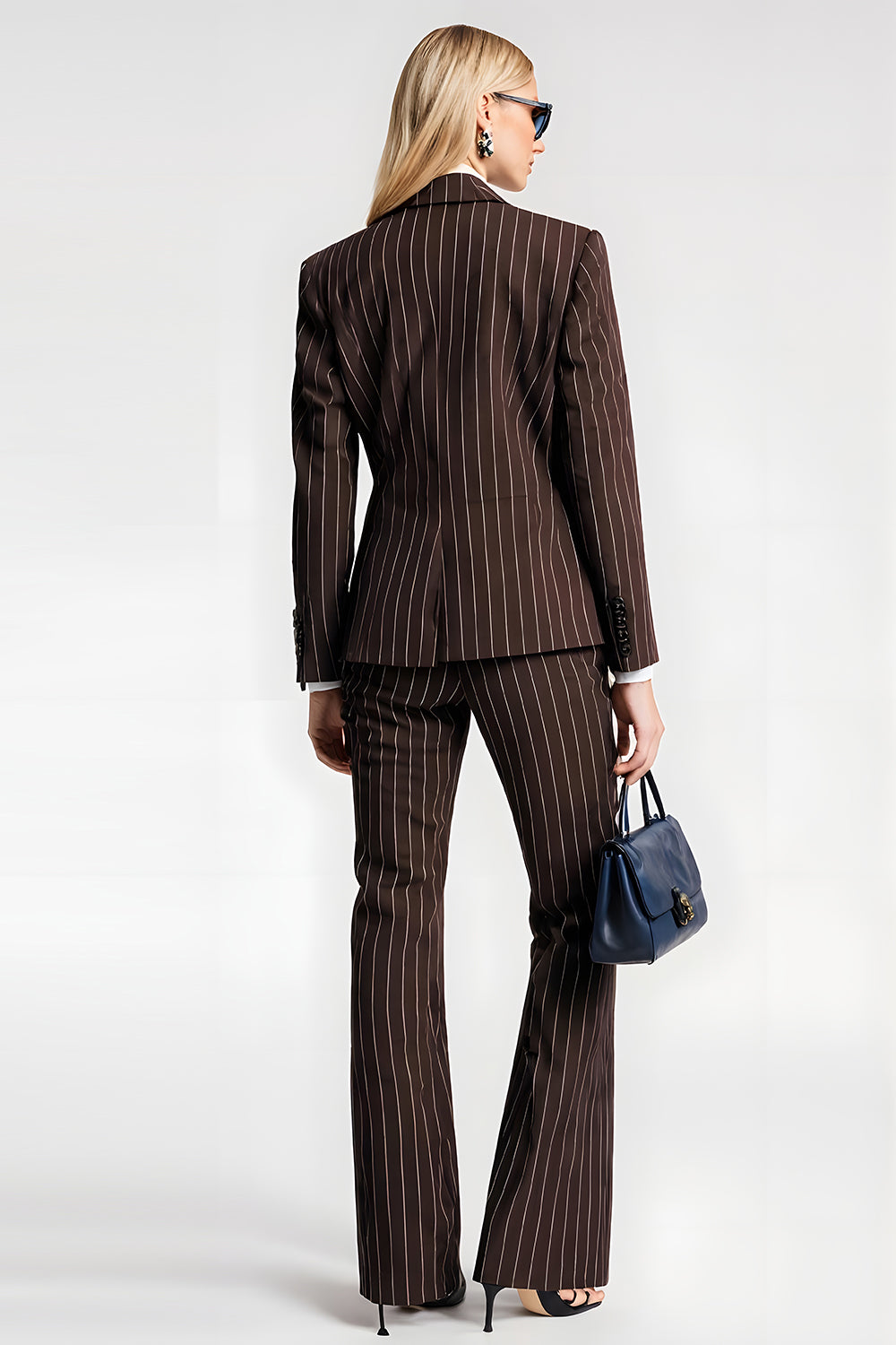 Coffee Striped Notched Lapel 2 Piece Business Suits with Pockets