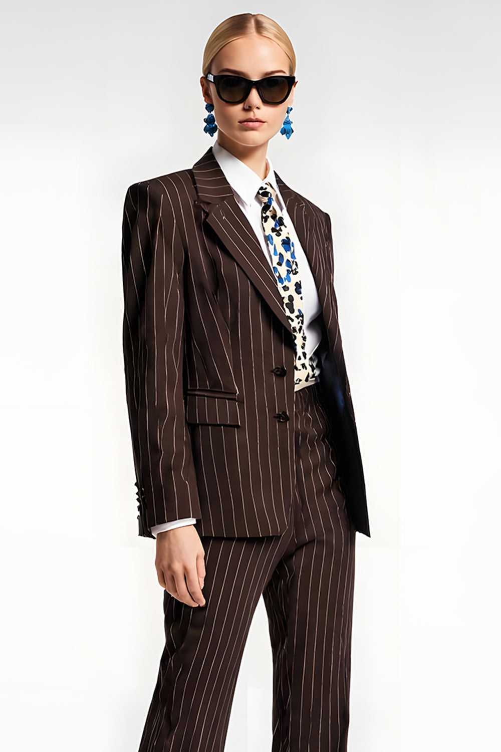 Coffee Striped Notched Lapel 2 Piece Business Suits with Pockets