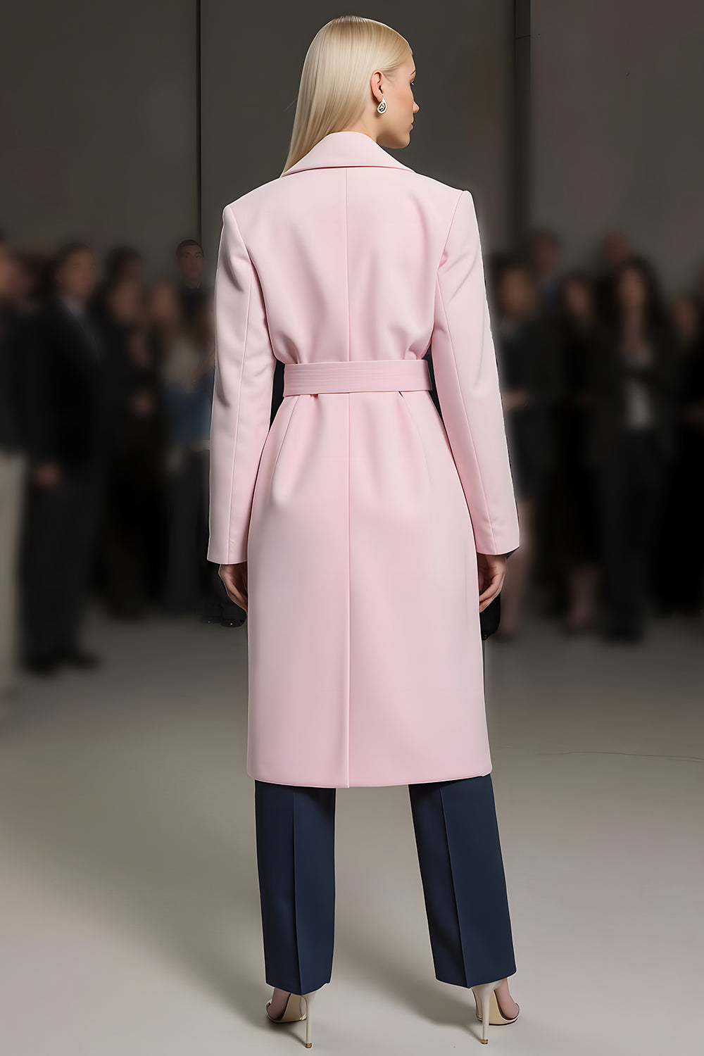 Pink Notched Lapel Maxi Women Blazer with Belt