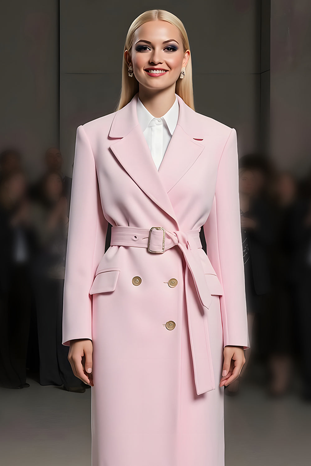 Pink Notched Lapel Maxi Women Blazer with Belt