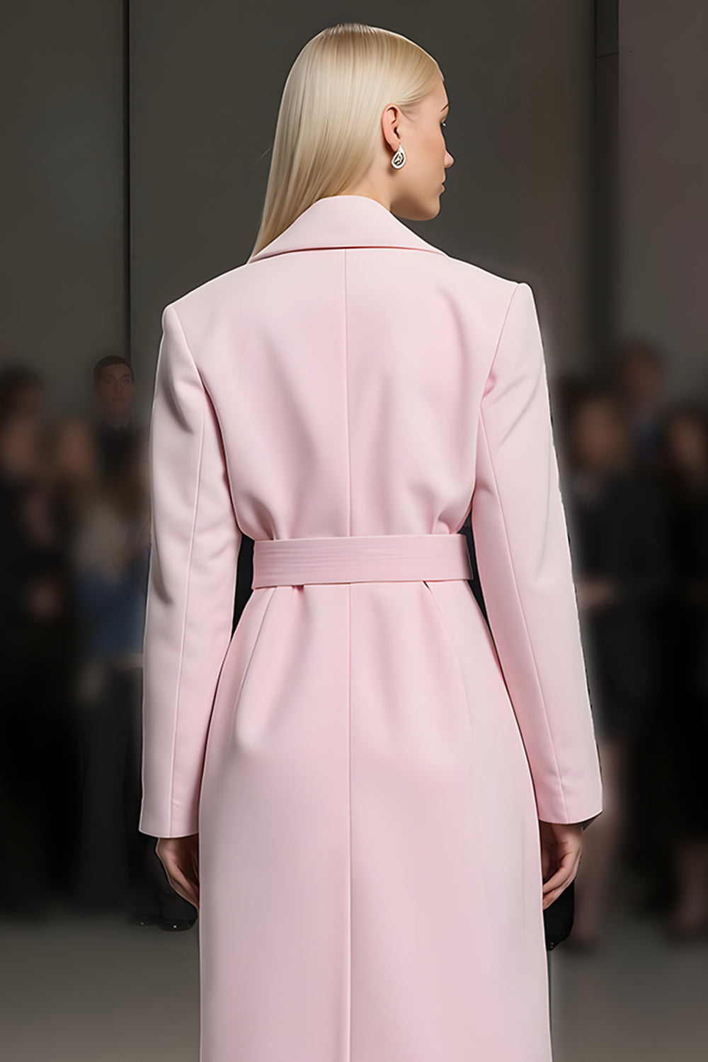 Pink Notched Lapel Maxi Women Blazer with Belt