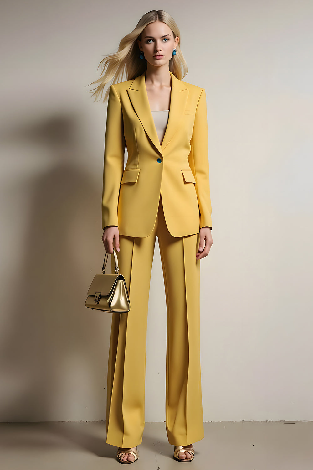 Yellow One Button Notched Lapel 2 Piece Business Suits