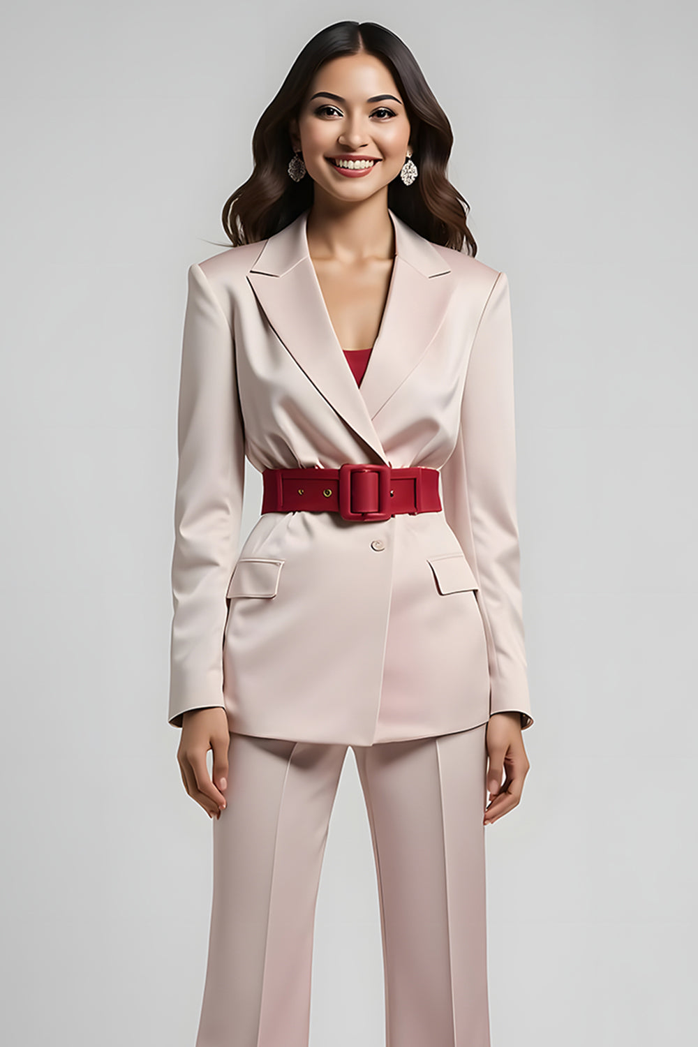 Blush Notched Lapel 2 Piece Business Suits with Belt
