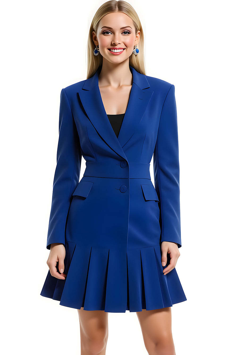 Leely Women Royal Blue Short Satin Pleated Blazer Dress A Line Notched Lapel Single Breasted Business Dress with Sleeves