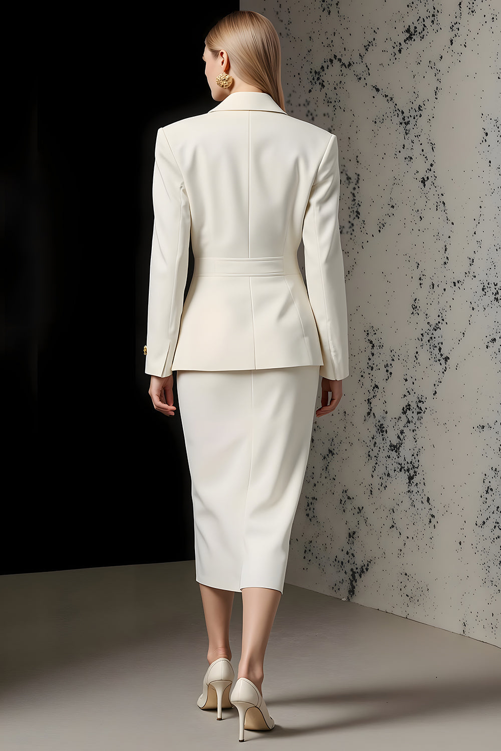 Ivory 2 Piece Pencil Peak Lapel Midi Business Suits