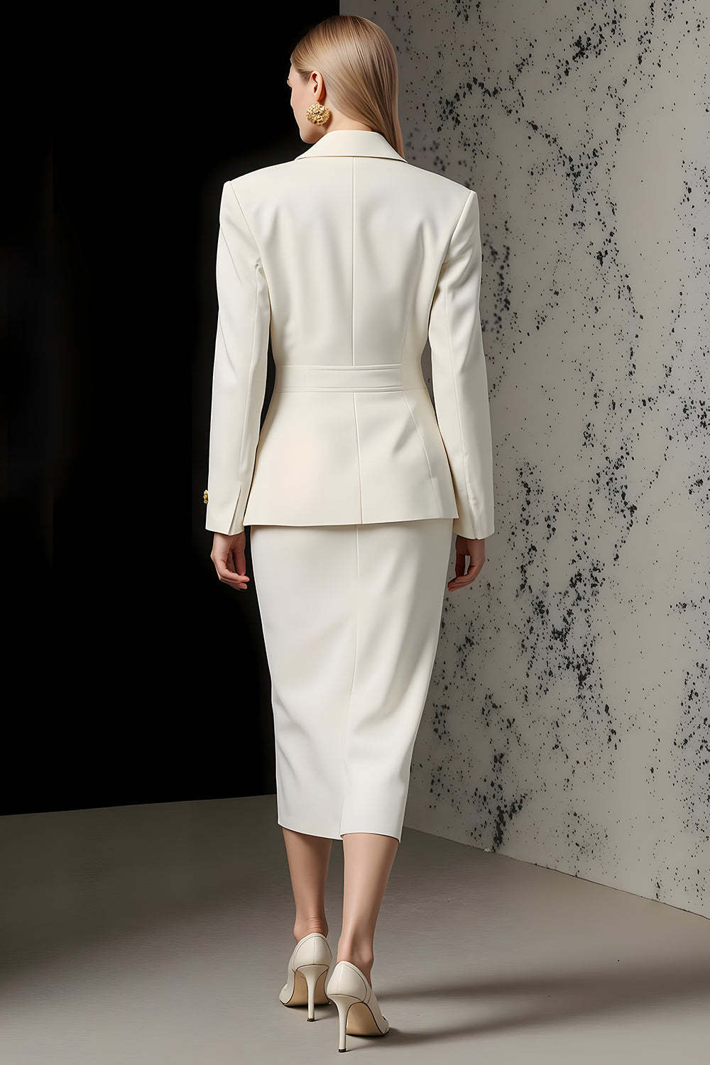 Ivory 2 Piece Pencil Peak Lapel Midi Business Suits