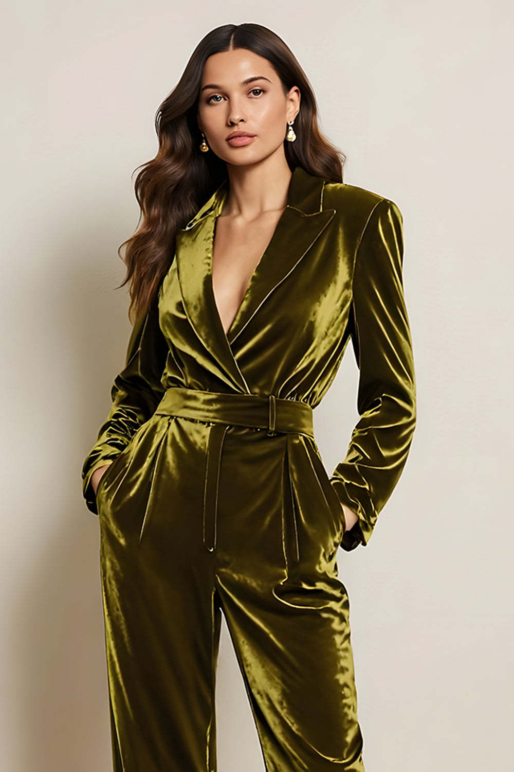 Green l Long Sleeves Peak Lape Prom Jumpsuits with Pockets