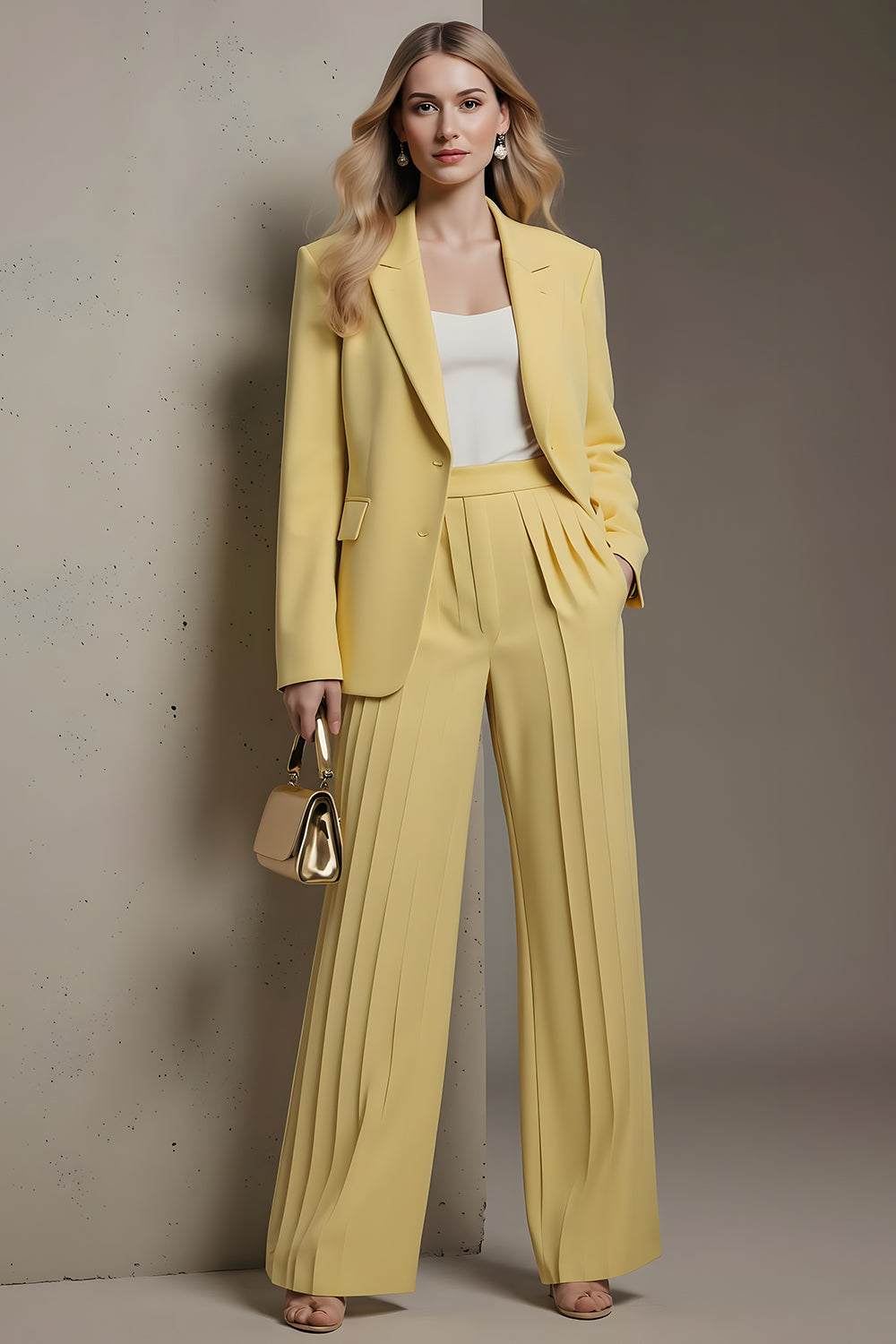 Leely Women Yellow Satin Business Suits with Pockets 2 Piece Pleated Notched Lapel Long Sleeves Pantsuits