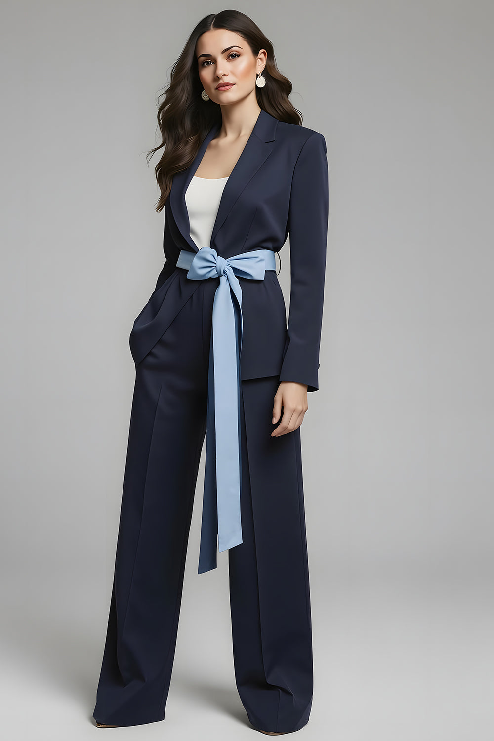 Leely Women Navy Bow Satin Business Suits with Sash 2 Piece Notched Lapel Long Sleeves Pantsuits