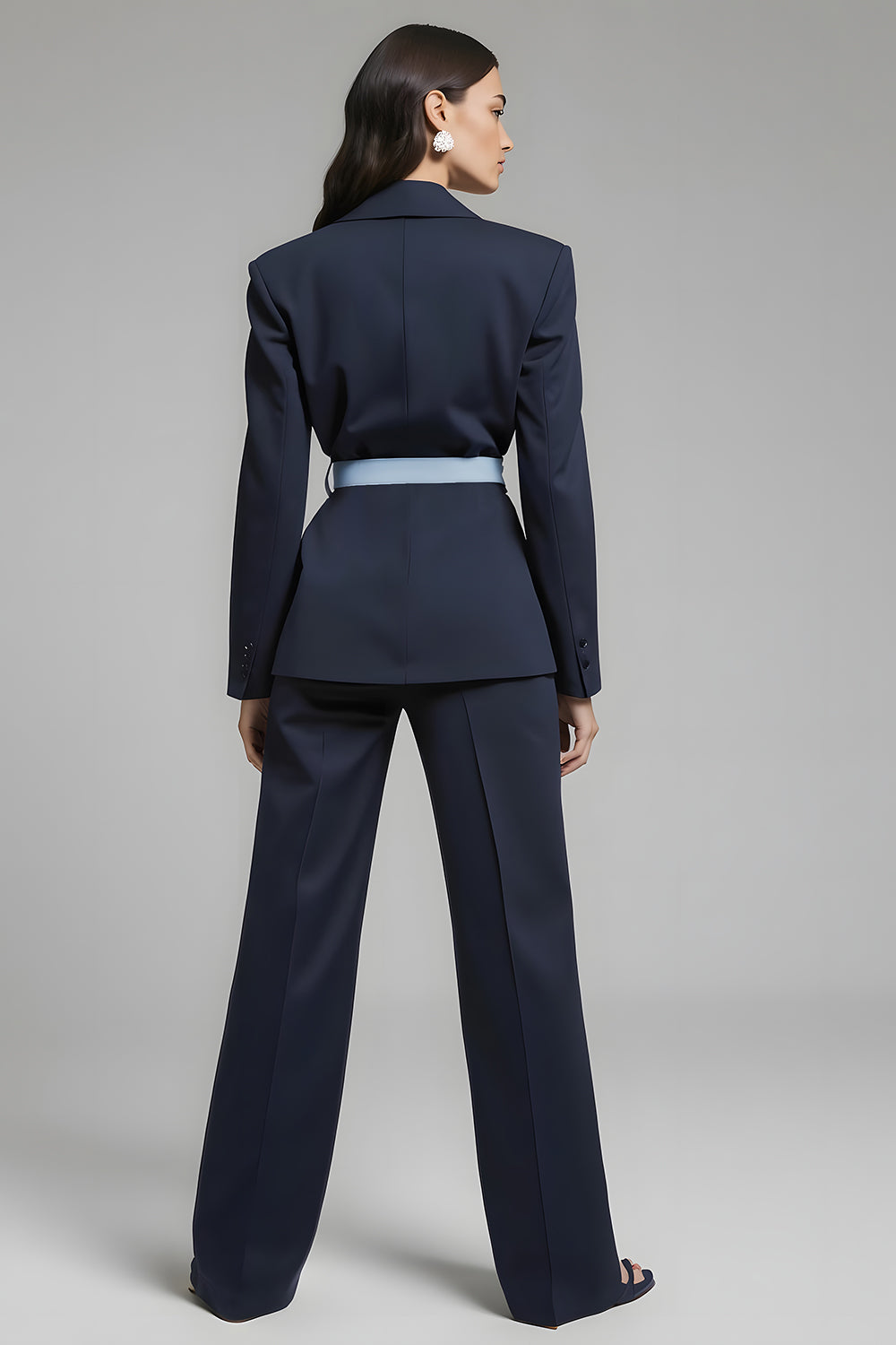 Navy 2 Piece Bow Notched Lapel Business Suits with Sash