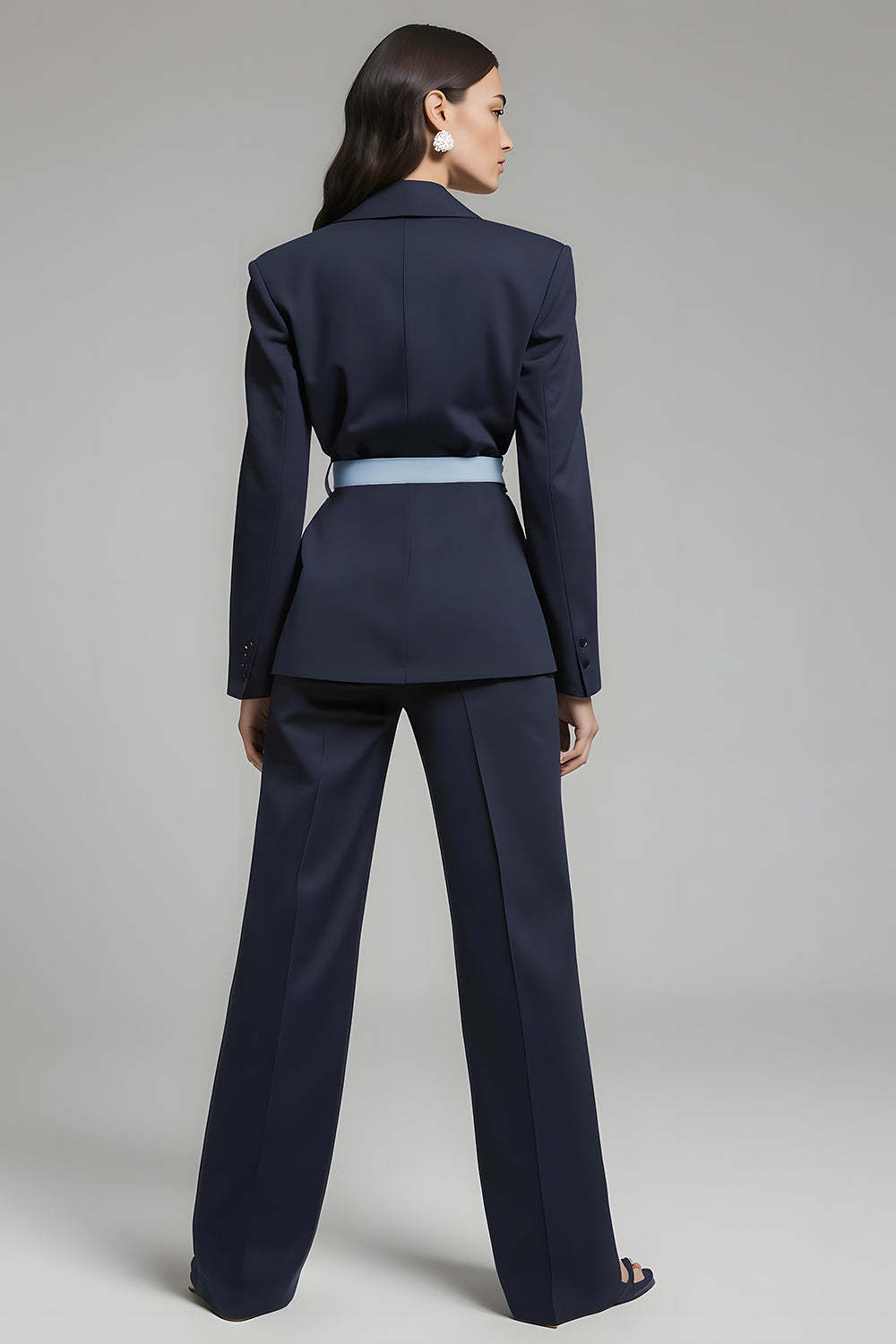 Navy 2 Piece Bow Notched Lapel Business Suits with Sash