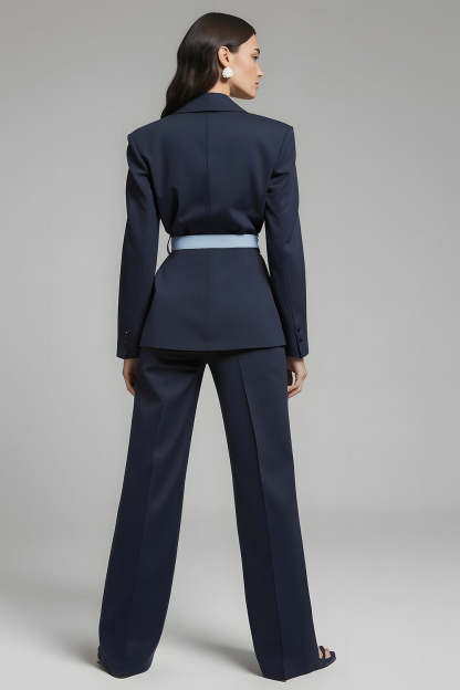 Navy 2 Piece Bow Notched Lapel Business Suits with Sash
