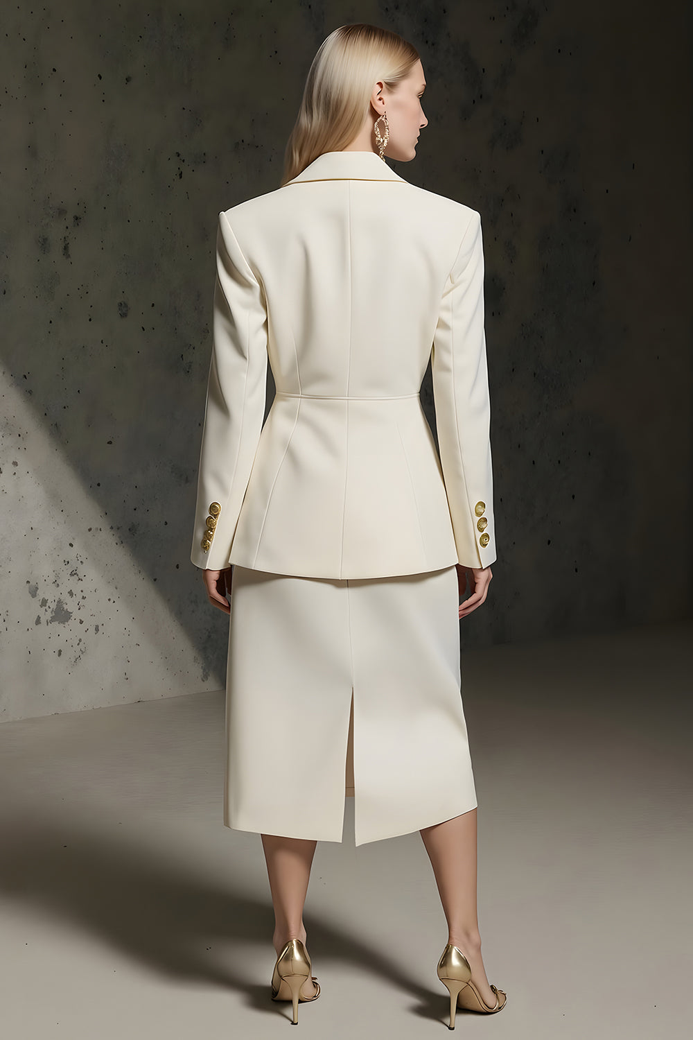 Ivory Double Breasted 2 Piece Pencil Midi Business Suits with Slit