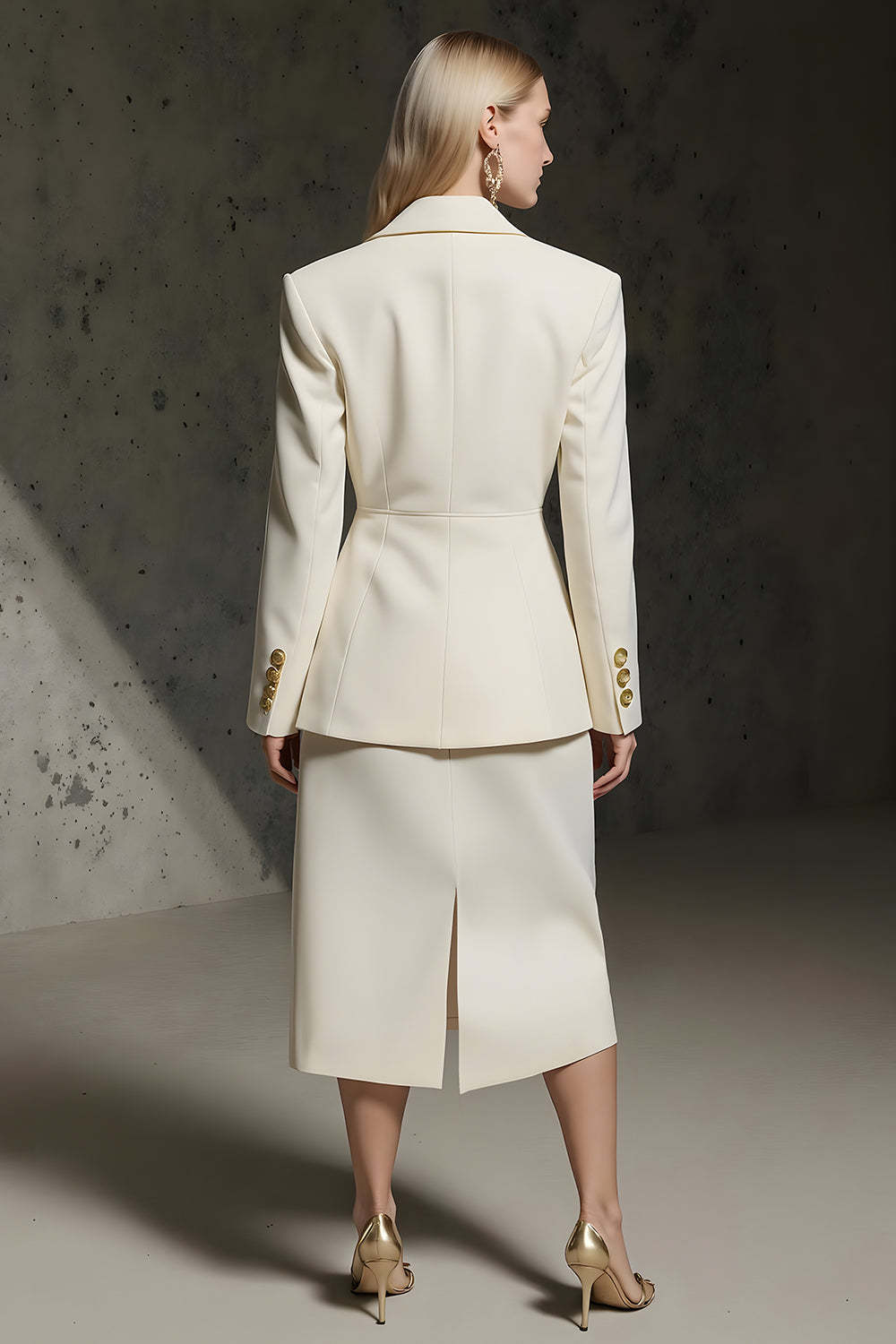 Ivory Double Breasted 2 Piece Pencil Midi Business Suits with Slit