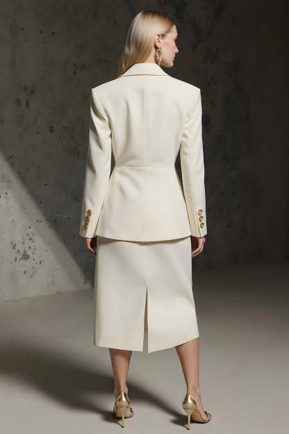 Ivory Double Breasted 2 Piece Pencil Midi Business Suits with Slit