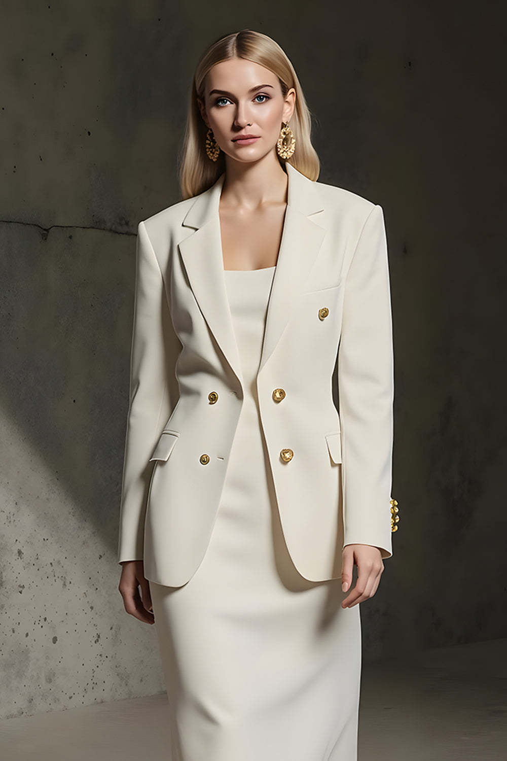 Ivory Double Breasted 2 Piece Pencil Midi Business Suits with Slit